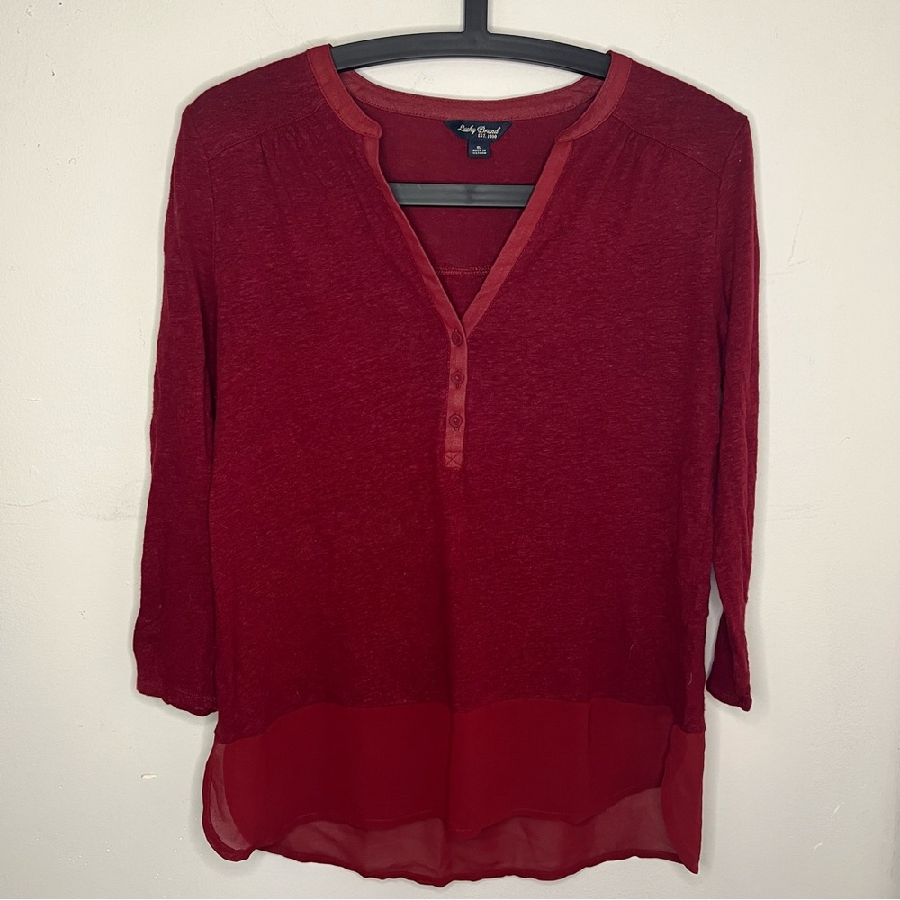 Lucky Brand Red Mixed Media Henley Blouse Sheer Hem Small